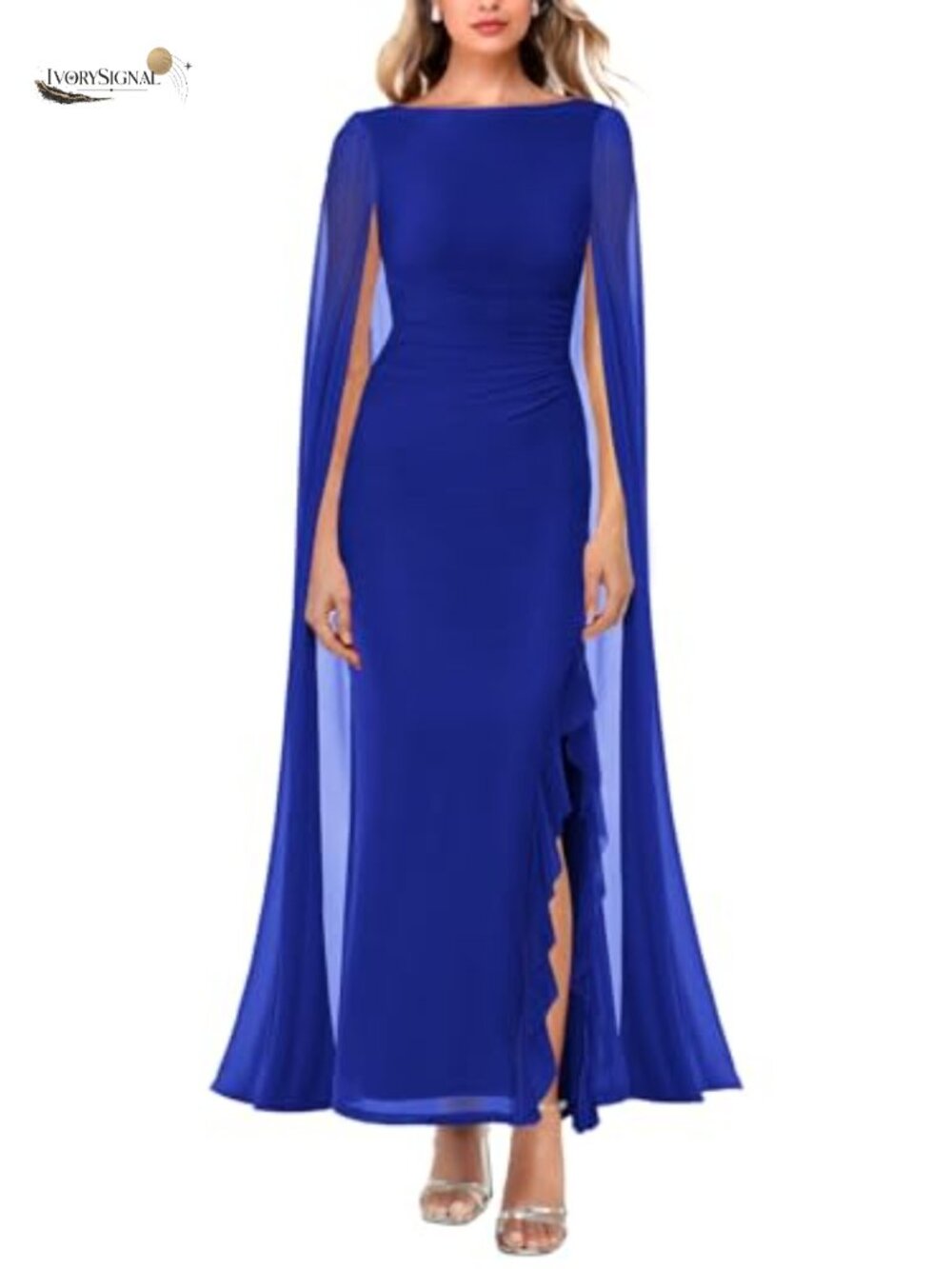 Long Sleeve High Split Mesh Ruched Maxi Dress with Cape
